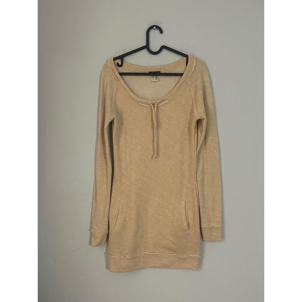 VENUS Tan Drawstring Neck Sweatshirt Dress Pockets Distressed Raw Hem XS